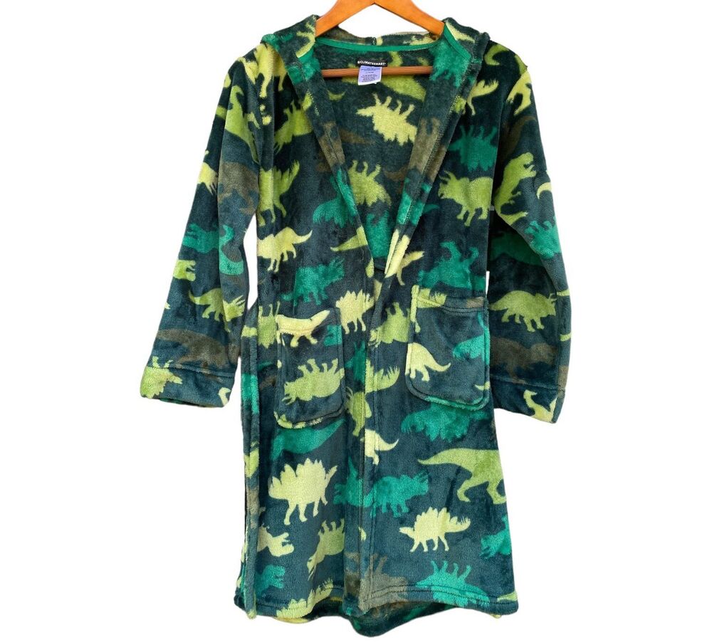 Climatesmart Hooded Plush Robe Boy's Size L 12/14 Green Dinosaur Print Sleepwear